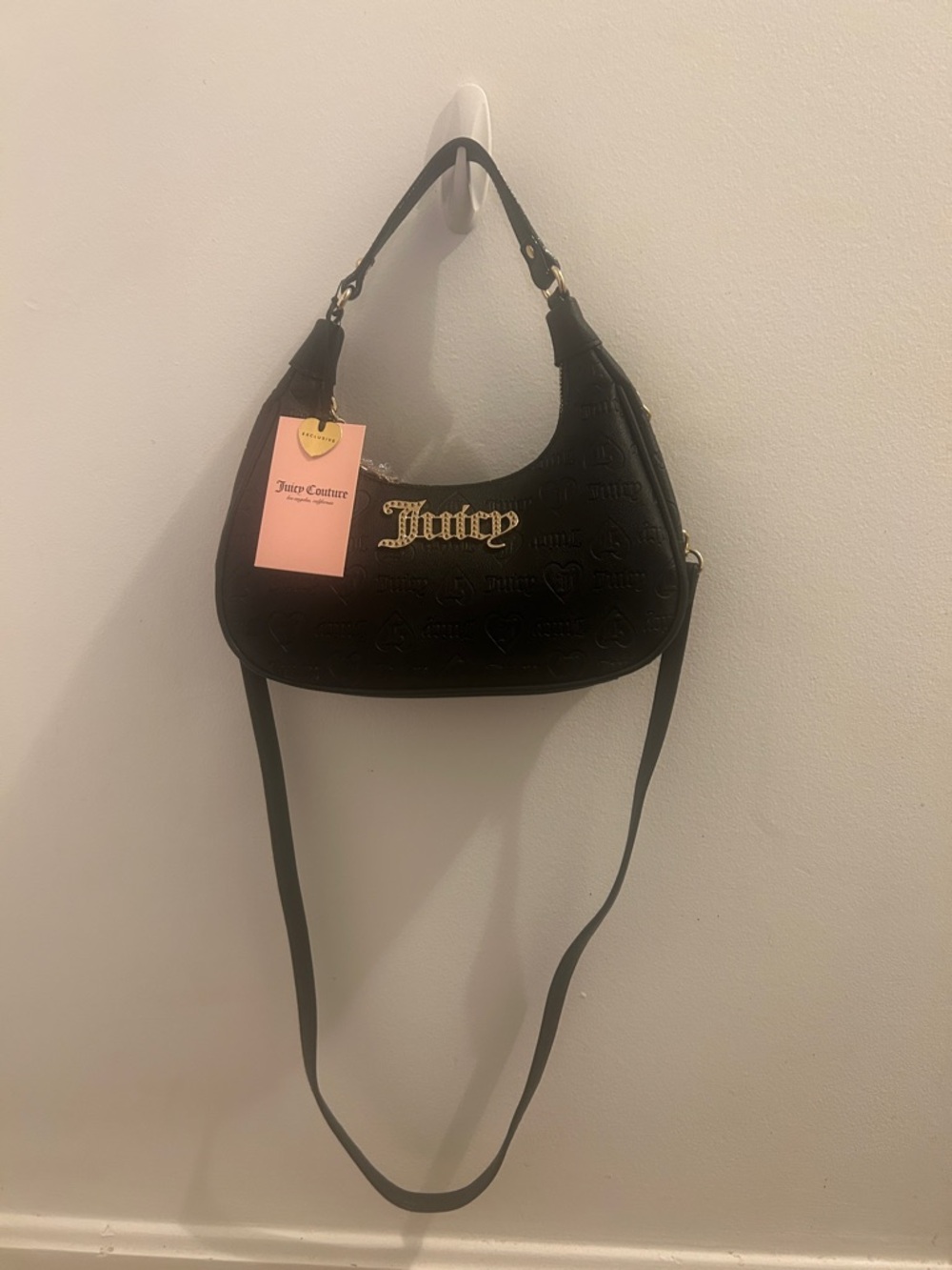 Juicy Couture Black Embossed Logo Shoulder Bag with Gold Plaque